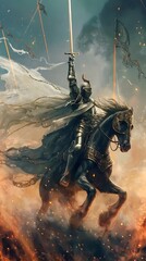Wall Mural - Illustration of a knight wearing armor and holding a long sword, riding a horse and fighting on the battlefield, a hero wearing armor and holding a long sword, a mythological figure wearing armor and 