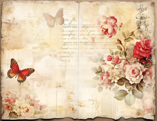 Wall Mural - Vintage background with flowers. Shabby chic paper for junk journal. Scrapbooking floral paper. Generative AI.