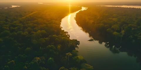 Wall Mural - Aerial view of Amazon River and rainforest at sunset. Concept Aerial Photography, Amazon River, Rainforest, Sunset, Natural Beauty