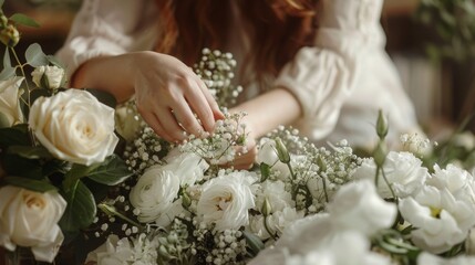 Aufkleber - A womans hands are delicately arranging a bouquet of white roses and babys breath, focusing on the delicate details of the floral arrangement.