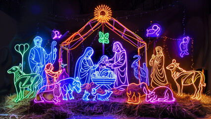 a neon nativity scene with vibrant and colorful lights, depicting the holy family and surrounding fi