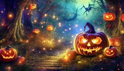 Wall Mural - halloween background with pumpkins and bats