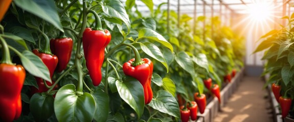 Wall Mural - Red bell peppers growing inside a greenhouse