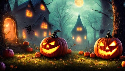 Wall Mural - halloween background with pumpkins and bats