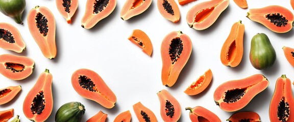 Wall Mural - Cut papaya on white. Healthy fruit. Top view