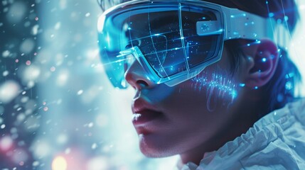 Person wearing advanced augmented reality glasses, digital interface and futuristic elements in a sci-fi, visual reality and artificial intelligence or ai, interactive with technology with future.