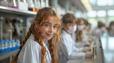 Aufkleber - A young girl with red hair smiles at the camera while wearing a white lab coat in a science lab setting.