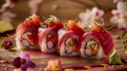 Wall Mural - A sushi roll with a variety of ingredients on top, AI