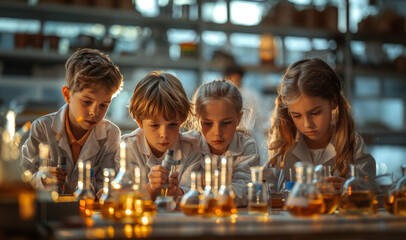 Poster - Four children in lab coats conduct a science experiment in a brightly lit laboratory, examining beakers and flasks filled with colorful liquids.