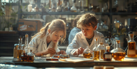 Aufkleber - Two young scientists, a girl and a boy, are working intently in a laboratory, surrounded by beakers and other scientific equipment.