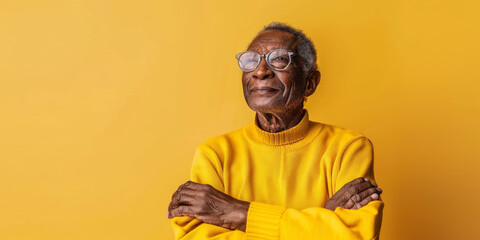 a Black elderly person in a yellow sweater, looking peaceful on a yellow studio background