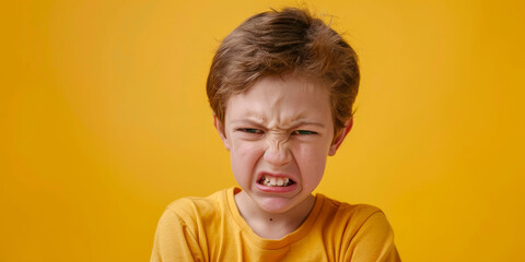 a Caucasian boy expressing anger on a yellow studio background