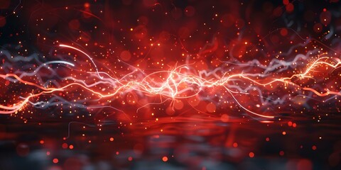 Electricity sparks between futuristic coils on dark red background in futuristic setting. Concept Futuristic Technology, Electric Sparks, Dark Red Background, Coil Design, Sci-Fi Setting
