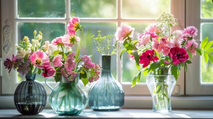 Wall Mural - A close-up image of four vases of flowers arranged on a windowsill in front of a sunny window. The flowers are a mix of pink, white, and red, and they are all in full bloom.