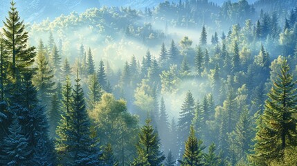 a dense forest with a misty atmosphere, showcasing tall trees in a mountainous landscape with green conifer and pine tree foliage, in the style of dark fantasy concept art.