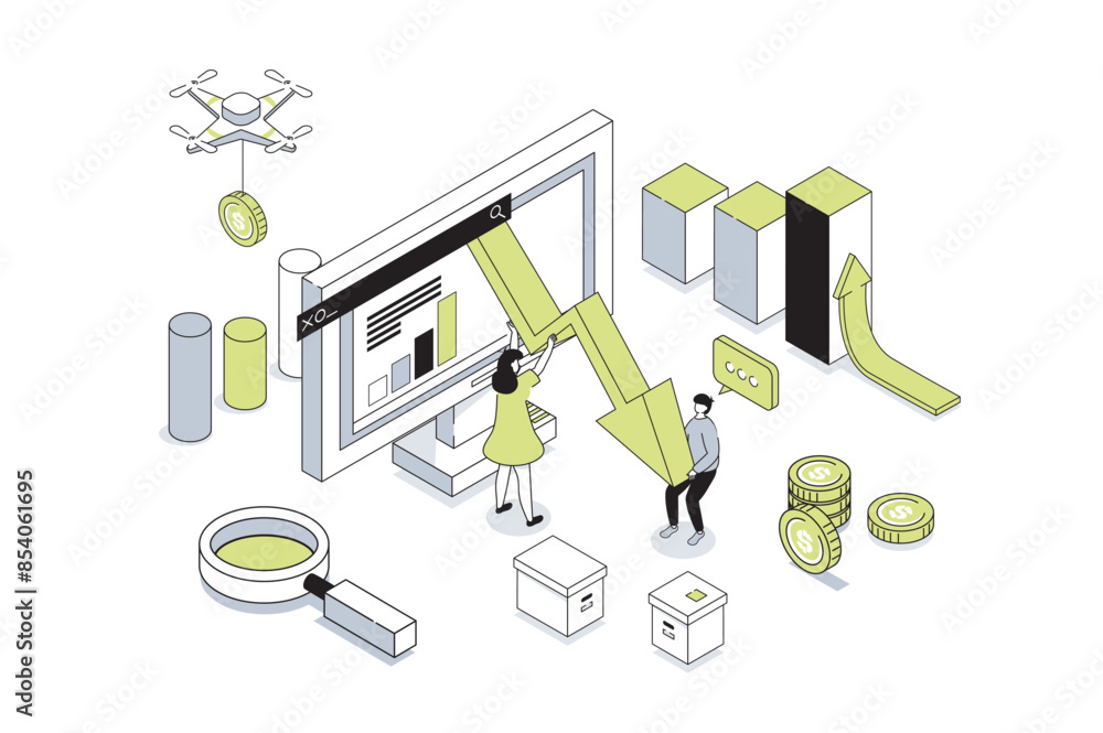 Crisis management 3d isometric concept in outline isometry design for ...