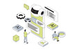 © alexdndz - Artificial intelligence 3d isometric concept in outline isometry design for web. People working and programming ai robots, creating chatbot, machine learning and cyber automation. Vector illustration.