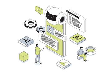 Poster - Artificial intelligence 3d isometric concept in outline isometry design for web. People working and programming ai robots, creating chatbot, machine learning and cyber automation. Vector illustration.