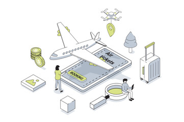 Wall Mural - Booking flight 3d isometric concept in outline isometry design for web. People choosing travel destination, buying tickets to plane with luggage, boarding registration in app. Vector illustration.