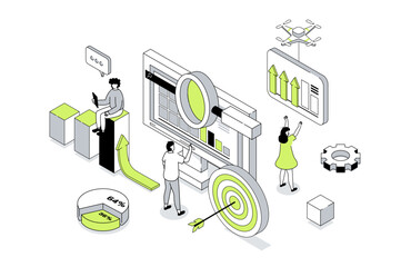 Fototapete - Data analysis 3d isometric concept in outline isometry design for web. People analyzing graphs and business reports, working with financial diagrams, making target and strategy. Vector illustration.