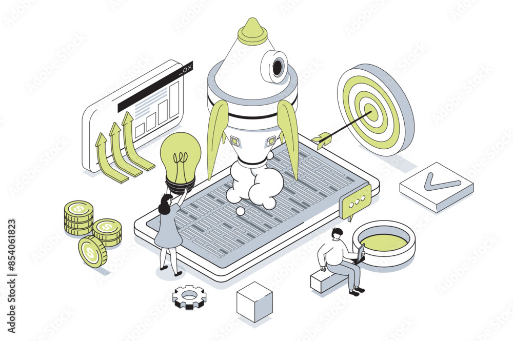 Startup business 3d isometric concept in outline isometry design for ...