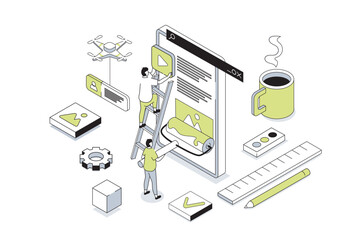 Poster - Web design 3d isometric concept in outline isometry design for web. People creating pages layouts, placing content blocks, programming and coding homepages for mobile phone. Vector illustration.