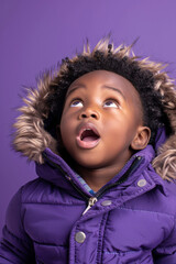 Wall Mural - an African American child in a purple winter coat, expressing awe while looking up on a purple studio background
