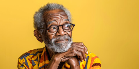 Wall Mural - an African American elderly person looking wise on a yellow studio background