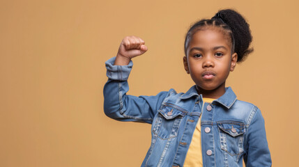 Wall Mural - an African American girl showing determination on a beige studio background