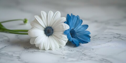 Wall Mural - Blue and white flower on white counter next to green stem. Concept Flower Photography, Still Life Arrangement, Contrast Colors, Natural Elements, Minimalist Composition