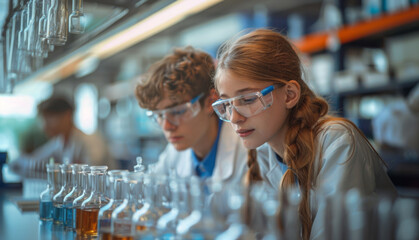 Poster - Two students wearing lab coats and goggles work on a science experiment in a chemistry lab.