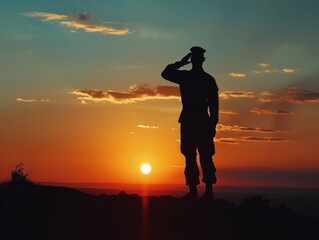 Soldier Saluting American Flag Silhouette on Patriotic Backdrop for Memorial Day Tribute