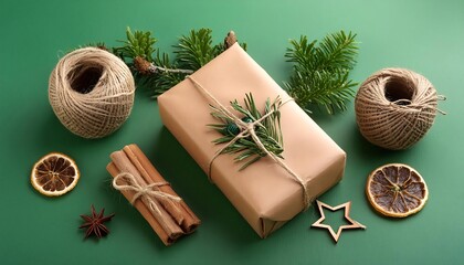 Wall Mural - Christmas gift in craft packaging on green background with decorations