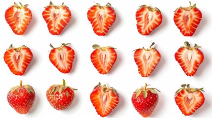 Wall Mural - Set of cut strawberries on a white background