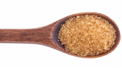 Brown sugar in a wooden spoon on a white background