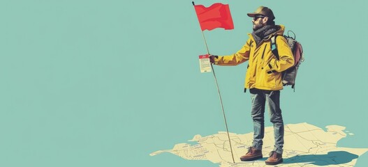 The image shows a man standing on a mountain peak, holding a red flag. He is wearing a yellow jacket, a brown hat, and a backpack. The background is a blue sky with white clouds. The image is in a