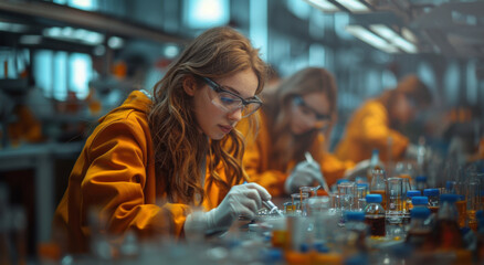 Aufkleber - A woman in a lab coat and safety glasses works on a experiment in a lab, concentrating intently on her task.