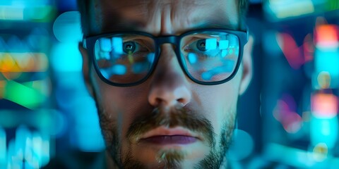 Wall Mural - A menacing hacker in glasses focused on computer screens. Concept Cyber Security, Hacking Techniques, Digital Threats, Data Breaches, Internet Intrusion