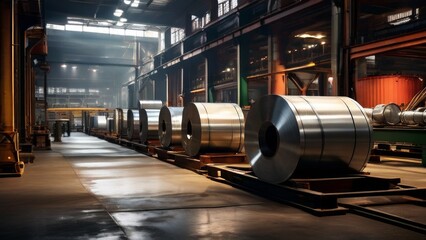 Wall Mural - a number of large steel coils, aluminum or stainless steel, stored in a warehouse. the stage of metal storage in industrial settings and the scale of materials handled in such facilities.