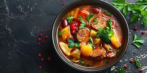 Wall Mural - Cabbage soup with chorizo colorful veggies and chunks of meat. Concept Meaty Cabbage Soup, Chorizo Delight, Colorful Veggie Medley, Hearty Comfort Food