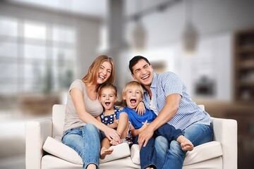 Canvas Print - Smiling beautiful happy family with children and dog relaxing together