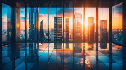 Wall Mural - Modern skyscraper skyline viewed through large glass windows, reflecting the vibrant colors of a sunset. The scene combines sleek architecture with warm, natural light for a stunning urban panorama