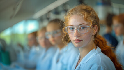 Aufkleber - A young woman with red hair and blue eyes wears a white lab coat and safety glasses while looking directly at the camera.
