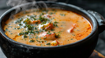 Wall Mural - A creamy lobster bisque in a black bowl, garnished with a sprinkle of herbs and a drizzle of cream, steaming and inviting.