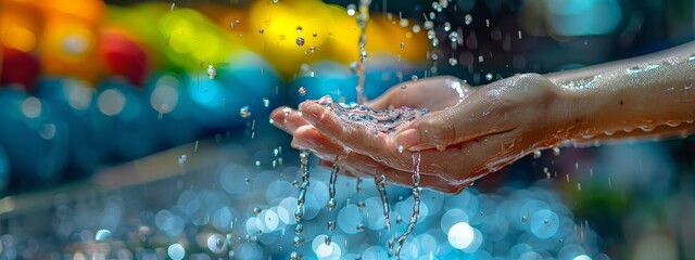  A tight shot of hands, submerged in water fountain, grasping an object against vibrant background lights