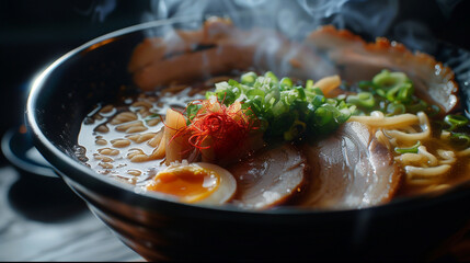 Poster - A steaming bowl of ramen with rich broth, tender noodles, sliced pork, and vibrant vegetables, served in a deep black bowl.