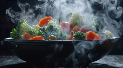 Wall Mural - A variety of hot, steaming vegetables in a black bowl, with the steam forming delicate patterns against a black background.