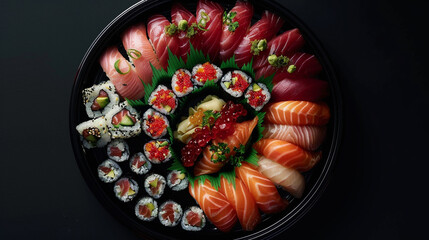 Poster - A vibrant sushi platter arranged on a sleek black dish, with fresh sashimi, nigiri, and colorful rolls, captured in perfect detail.
