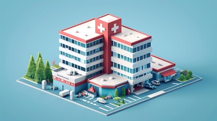 Wall Mural - Iconic hospital building in a stylized 3D vector format, emphasizing medical care and facilities, isolated