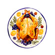 © Mashaki - Roast turkey or chicken on plate, traditional holiday dinner watercolor transparent illustration. Simple cartoon style isolated drawing.
